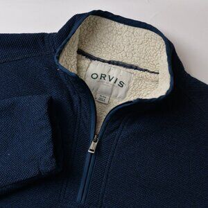 Orvis Men's XL Sherpa Lined 1/4 Zip Pullover Sweater Navy Blue Long Sleeve